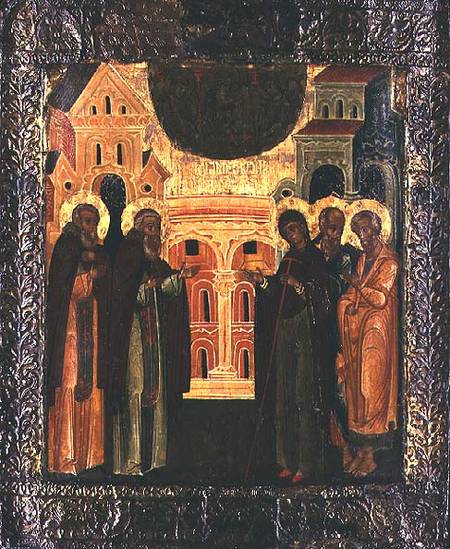 Russian icon of the Miraculous Appearance of the Virgin and the Apostles Peter and Paul to Sergius o from Moscow school