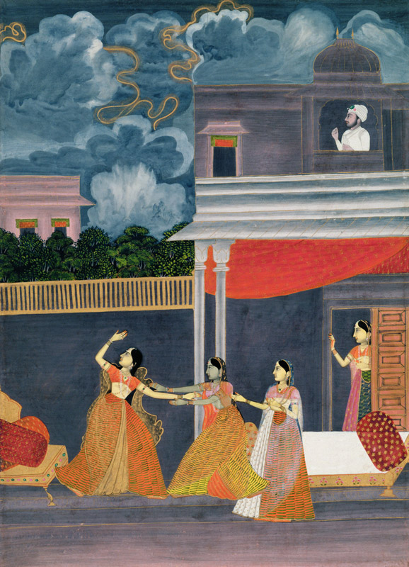 A lady brought in from a storm at night: illustration from the musical mode Madhu Madhavi from Mughal School
