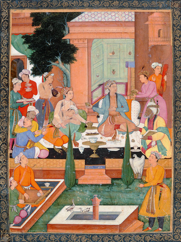 A prince and companions take refreshments and listen to music, from the Small Clive Album from Mughal School