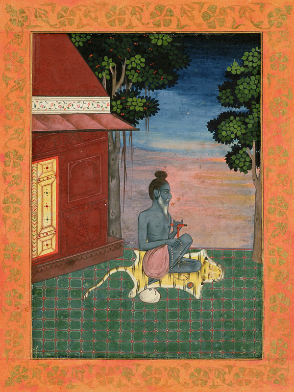 Aged ascetic seated on a tiger skin outside a building, from the Large Clive Album from Mughal School