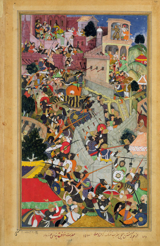 Emperor Akbar (r.1556-1605) shoots Saimal at the Siege of Chitov in 1567, from the 'Akbarnama' made from Mughal School