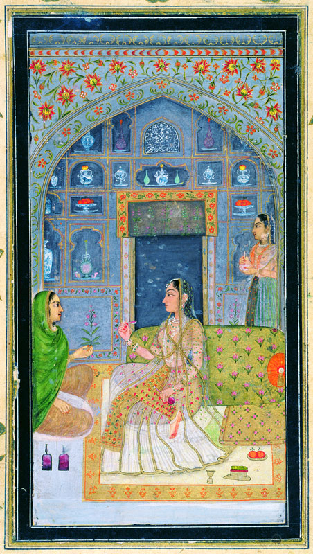Lady seated in a Pavilion with attendants, from the Small Clive Album from Mughal School