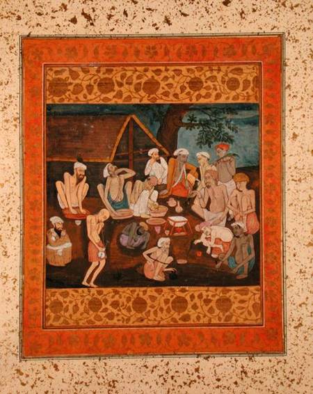 Assembly of fakirs preparing bhang and ganja, from the Large Clive Album from Mughal School