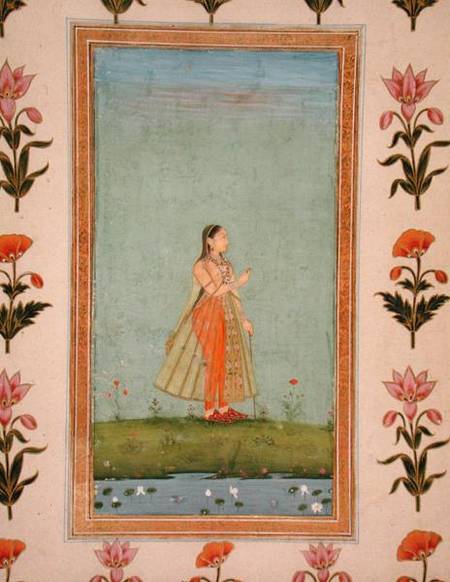 Lady holding a flower, standing by a lily pond, from the Small Clive Album from Mughal School