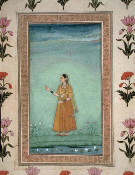 Lady holding fruit, standing by a lily pond, from the Small Clive Album from Mughal School