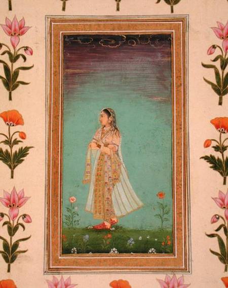 Lady walking through flowers, from the Small Clive Album from Mughal School