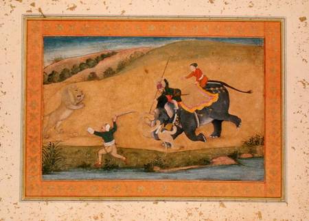 Three men lion hunting, from the Large Clive Album from Mughal School