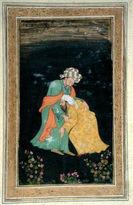A Mullah bowing down to a man in Iranian dress who lifts him up from his supplication, from the Smal from Mughal School
