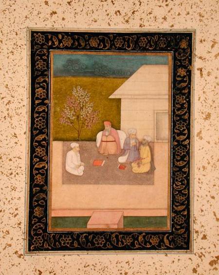 Four Muslim holy men seated in meditation outside a hut, from the Large Clive Album from Mughal School