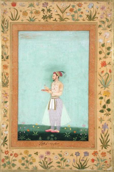 Prince Dara Shikuh holding a tray of jewels, from the Minto Album from Mughal School