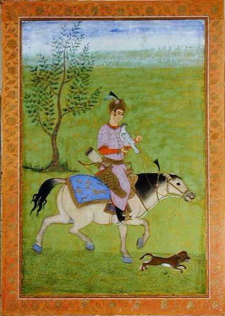 A prince hawking on horseback, from the Large Clive Album  on from Mughal School