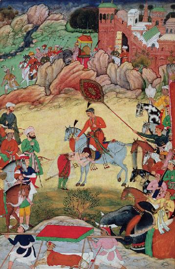 Adham Khan paying homage to Akbar at Sarangpur, Central India, in 1560 or 1561, from the 'Akbarnama'
