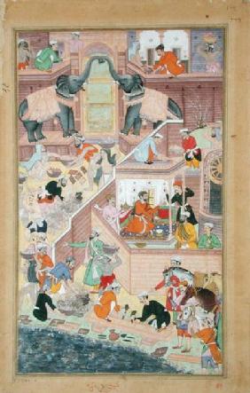 Emperor Akbar (r.1556-1605) inspecting the building work at Fatepur Sikri, from the 'Akbarnama' made