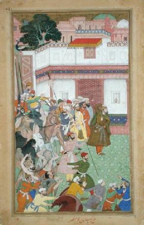 Fatepur Sikiri, 1573: Hasain Quli Khan-l Jahan presenting his prisoners to Emperor Akbar (r.1556-160