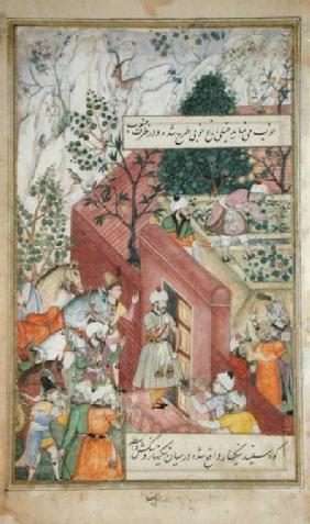 The Mughal Emperor Babur (r.1526-30) about to oversea the laying out of a garden, using lines, from