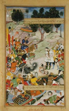 The rebel Bahadur Khan (d.1601) as a prisoner in the presence of Akbar (r.1556-1605) in 1567, from t