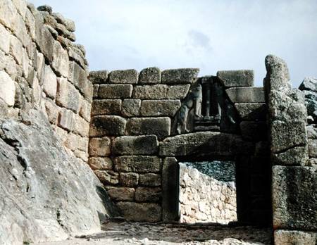 View of the Lion Gateway at the entrance to the palace (photo) from Mycenaean