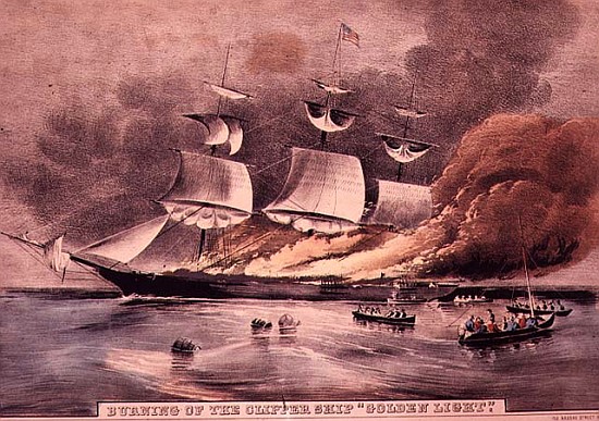 Burning of the Clipper Ship, ''Golden Light'', from N. Currier