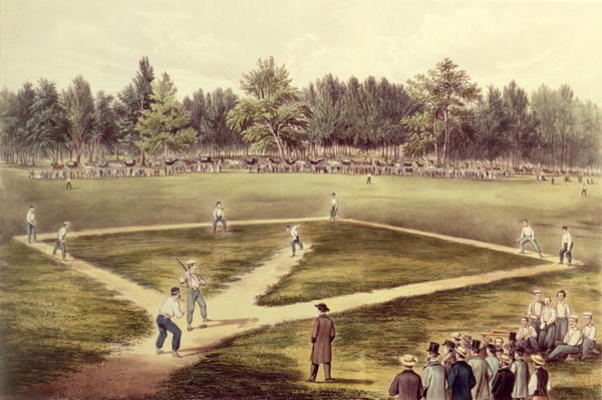 The American National Game of Baseball - Grand Match at Elysian Fields, Hoboken, NJ, 1866 (colour li from N. Currier