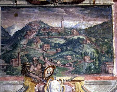 Bedroom, detail of frieze depicting towns under Medici rule, Fiesole from Nanni  di B. Bigio  & Bartolomeo Ammannati