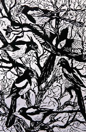 Magpies, 1997 (woodcut) 