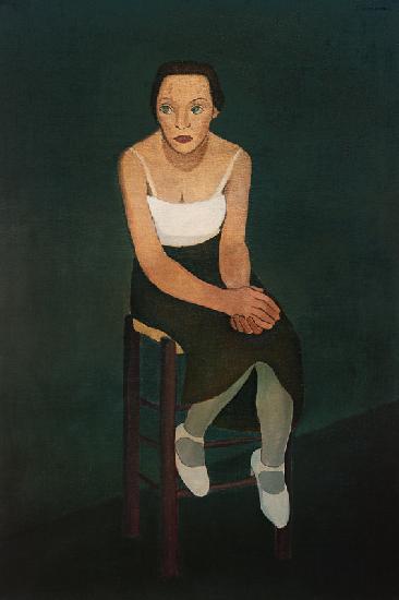 Frau auf einem Hocker sitzend