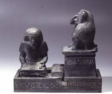 The royal scribe Nebmertuf writing under the protection of the Moon God Thoth from New Kingdom Egyptian