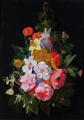 A Swag of Roses and other Flowers Hanging from a Nail (oil on canvas) from Nicholaes van Verendael
