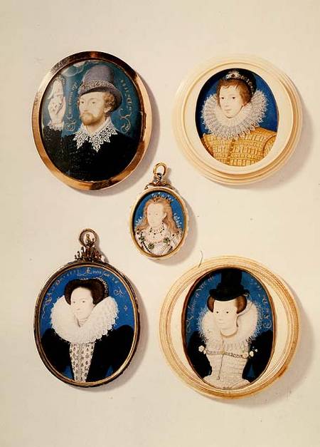 Miniatures, from L to R, T to B: Man with a Hand from a cloud; Unknown Young Man, 1588; Mrs Holland from Nicholas Hilliard