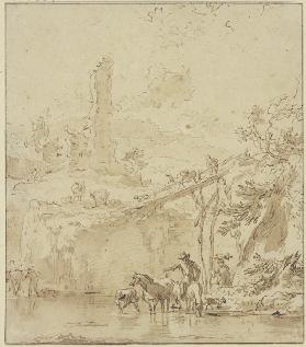 Burgruine, rechts ein hoher Steg, ein Bauer tränkt seine Pferde