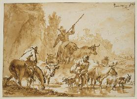 Zwei Hirten zu Pferde treiben Vieh durchs Wasser, die Hirtin mit einem Sack wartet hindurch