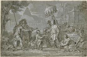Sophonisbe nimmt den Giftbecher (?); links zwei römische Krieger, im Hintergrund große Architektur i