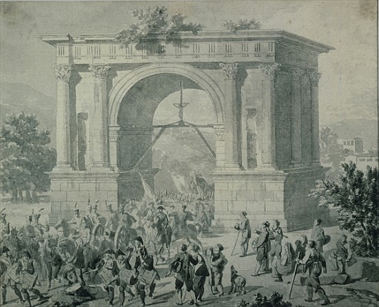 The entrance of French troops to A''Osta in May 1800 (pen, ink & wash on paper) from Nicolas Antoine Taunay
