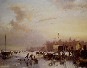 Wintry riverside with ice-skaters
