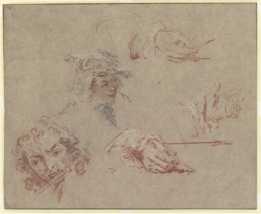 Kopf eines Flötisten, Kopf eines jungen Mannes mit flachem Barett, drei Hände, zwei Zeichenstift und from Nicolas Lancret