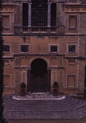 View of the rear facade, detail of the first floor entrance and loggia, designed for Cardinal Pietro from 