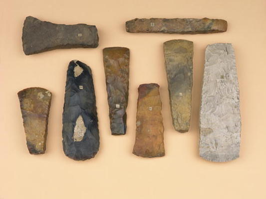 Collection of Neolithic to early Bronze Age weapon heads including Scandinavian stone battle and Dan from 