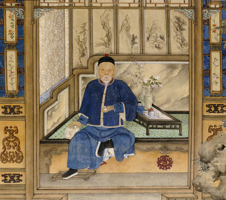 A Bearded Old Gentleman Wearing Blue Winter Clothes, Seated On A Day Bed Holding A Snuff Bottle And from 