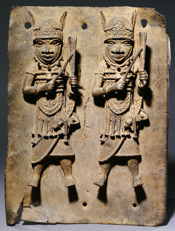 A Benin Bronze Plaque With Two Relief Figures, C from 