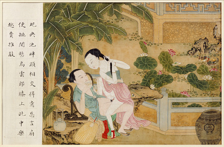 A Chinese Erotic Painting Depicting An Amorous Couple Engaged In Lovemaking from 