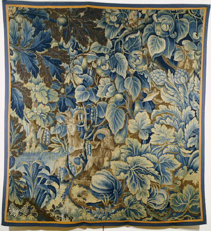 A Feuille De Choux Tapestry Woven In Blue And Brown With Two Goats And Birds Amongst Exotic Gourds A from 