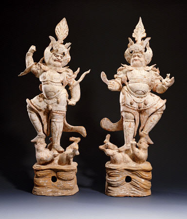 A Fine Pair Of Painted Pottery Lokapala Guardians Standing On The Head And Belly Of A Recumbent Demo from 