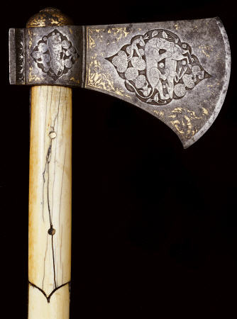 A Fine Persian Engraved And Damascened Steel Axe-Head (Tabarzin) With An Ivory Handle from 