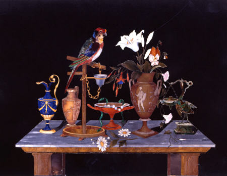 A Florentine Pietra Dura Plaque With A Parrot On Its Perch On A Table  With An Etruscan Krater Vase, from 