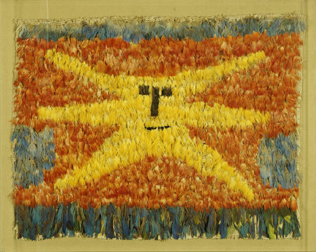 A Huari Feathered Panel Sewn All Over With Feathers On A Cotton Ground With A Yellow Sunburst Face W from 
