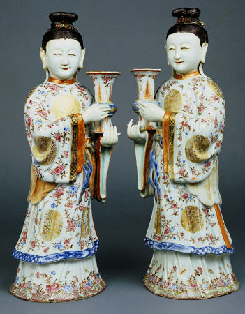 A Pair Of Famille Rose Candle Holders Modelled As Standing Ladies from 