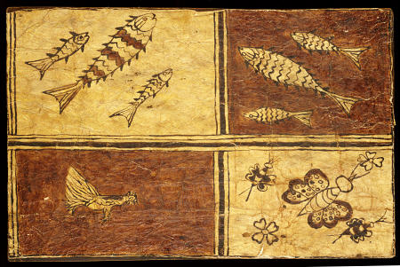A Rare Melanesian Painted Bark Cloth Decorated With A Fowl, Exotic Butterflies And Fishes On Reddish from 