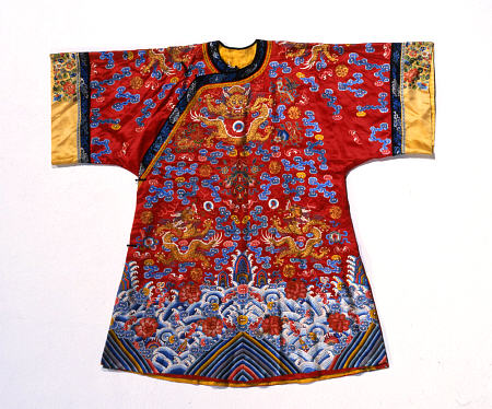 A Semi Formal Robe Of Red Satin Embroidered In Silks And Gilt Thread With Dragons Amidst Scrolling C from 