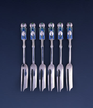 A Set Of Six Liberty Silver And Enamel Pastry Forks from 