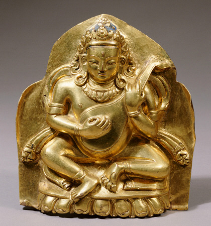 A Tibetan Gilt-Copper Plaque Depicting Dhrtarashtra Seated On A Lotus, Playing A Lute from 